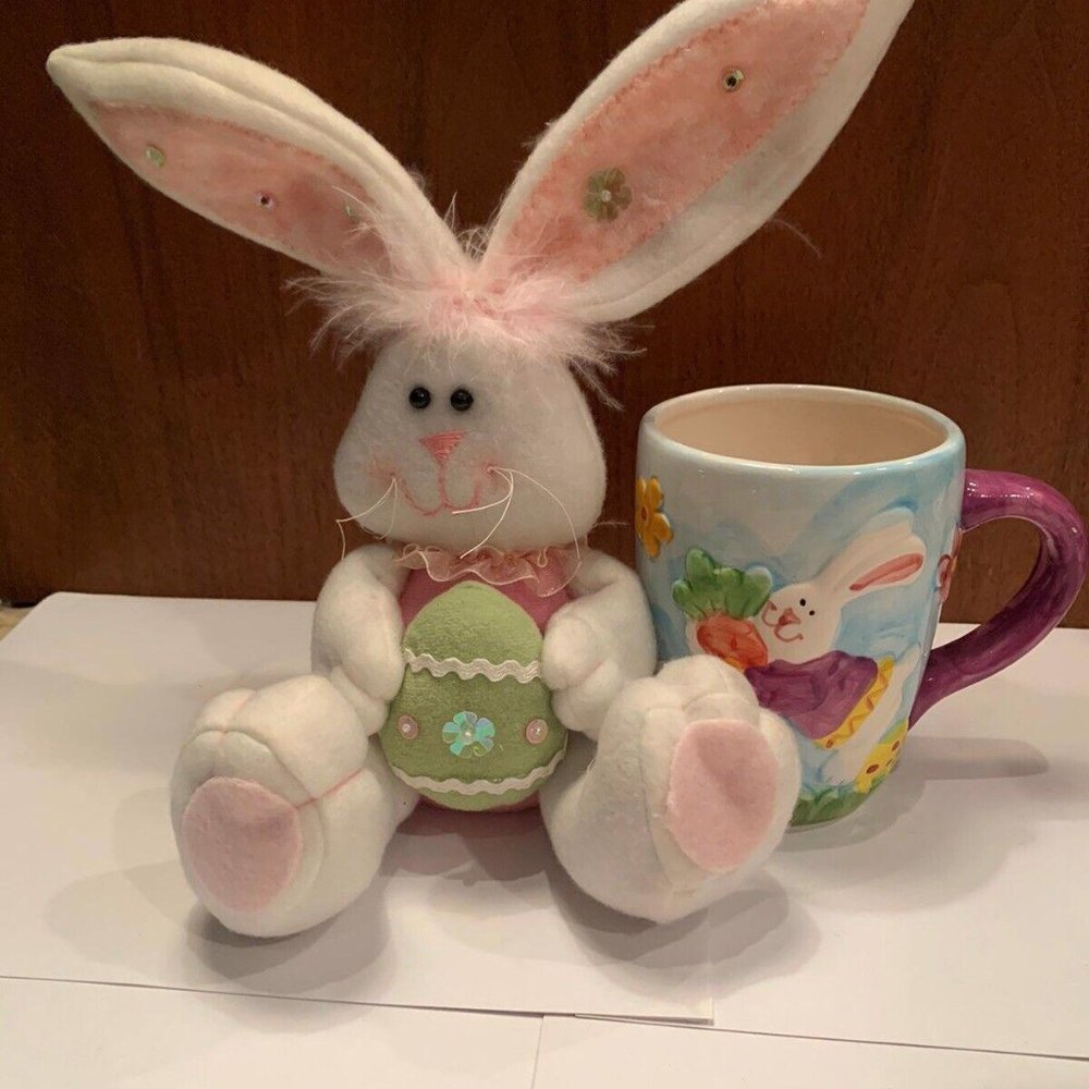 Stuffed Easter Bunny Rabbit & Easter Mug - Home Decor